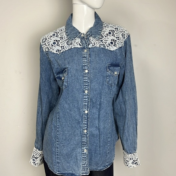Rod’s Western Denim Lace Collar Button Down Shirt Top Size XL - Picture 1 of 10